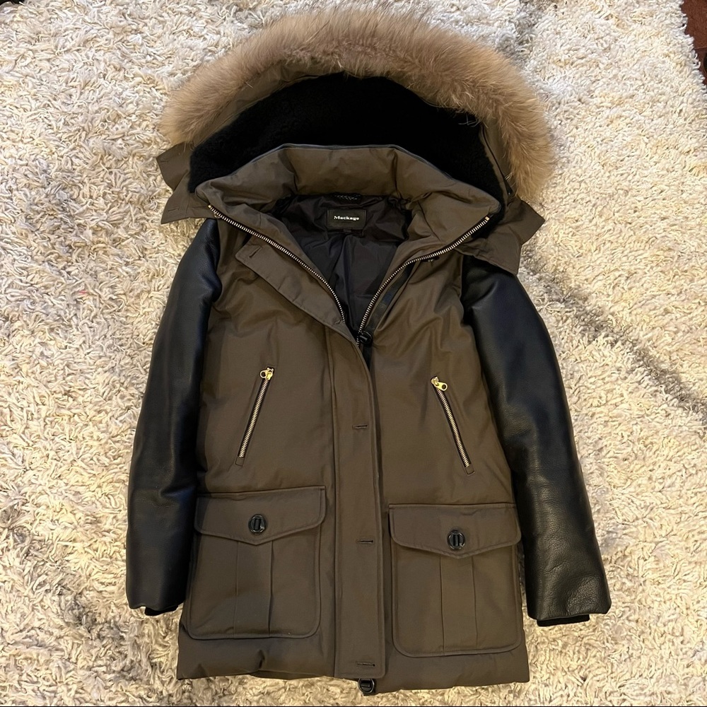 Mackage Cynthia Peach Lux Down Jacket in Moss with leather sleeves
